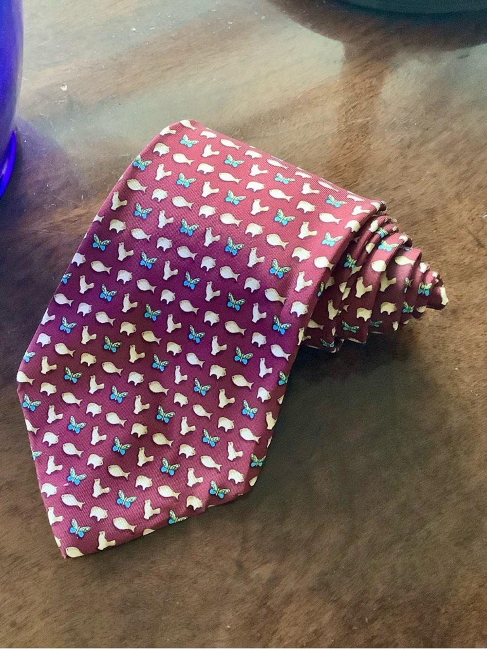 Salvatore Ferragamo Burgundy Silk Tie Fish, Butterflies and Pigs